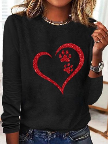 SocialShop Women's Print Dog Lover Paw Heart Regular Fit Simple Long Sleeve Top