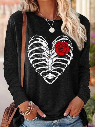 SocialShop Women's Heart Rib Cage Rose Text Letters Simple Long Sleeve Top