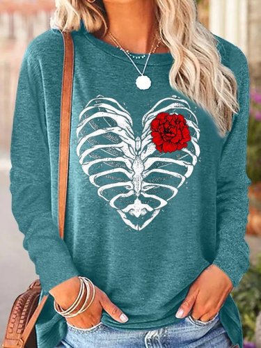 SocialShop Women's Heart Rib Cage Rose Text Letters Simple Long Sleeve Top