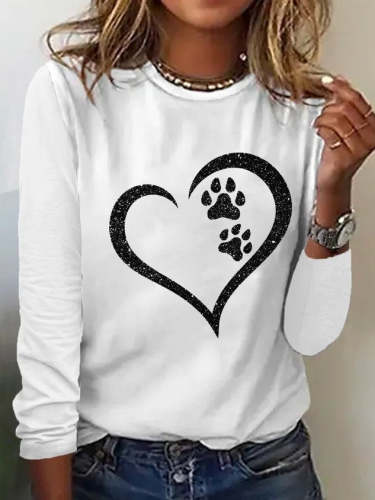 SocialShop Women's Print Dog Lover Paw Heart Regular Fit Simple Long Sleeve Top