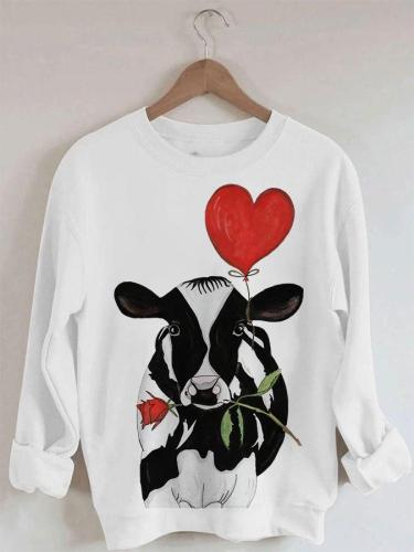 Women's Cow Rose Balloon Print Long Sleeve Round Neck Sweatshirt