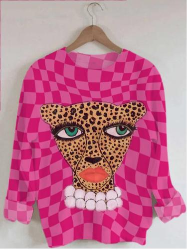 Women's Cheetah Print Long Sleeve Crew Neck Sweatshirt