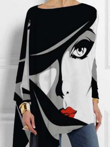 Women's Casual Abstract Figure Printed Round Neck Irregular Long Sleeve T-shirt