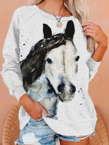 Women's Casual Watercolor Horse Print Round Neck Sweater