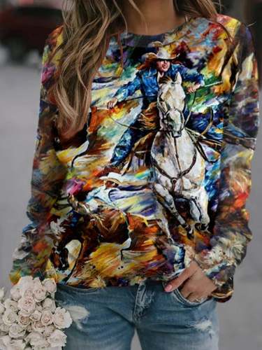 Women's Casual Oil Painted Cowboys Print Round Neck Sweater