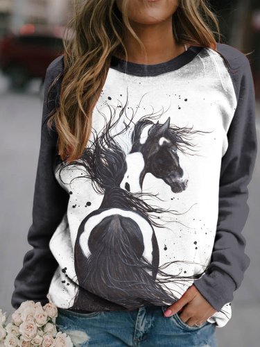 Women's Casual Lnk Horse Print Round Neck Sweater