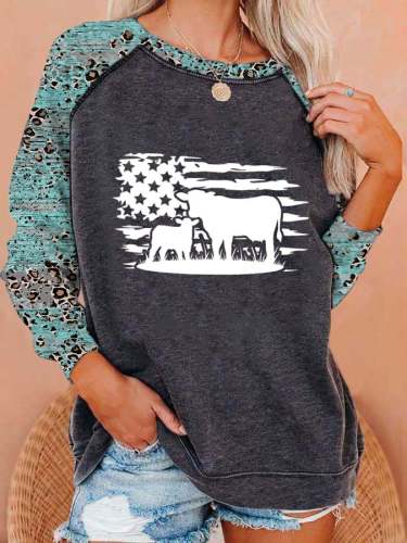 Women's Highland Cow American Flag Print Casual Crewneck Sweatshirt
