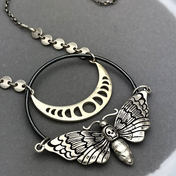 Moon Phase Skull Moth Necklace