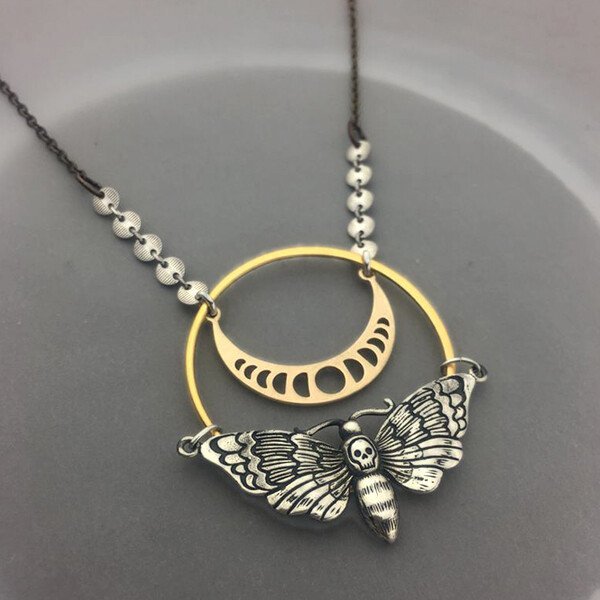 Moon Phase Skull Moth Necklace