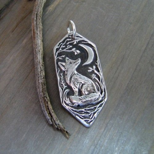 Sterling Silver Forest Moon Fox Stamp Pendant Necklace