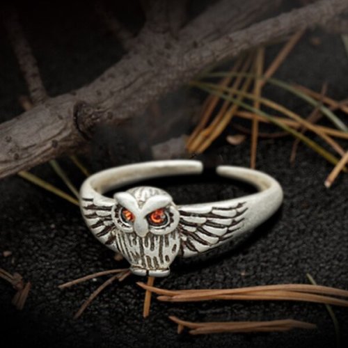 925 Sterling Silver Red Eye Owl Adjustable Ring