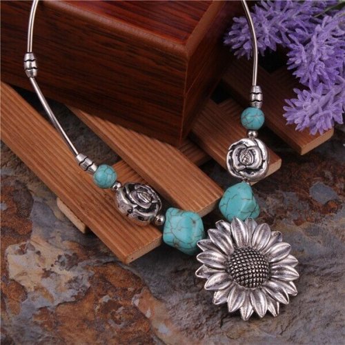 🔥 Last Day Promotion 70% OFF🔥-Sterling Silver Boho Sunflower Turquoise Necklace