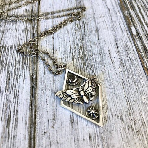 Sterling Silver Sun and Moon Moth Geometric Necklace