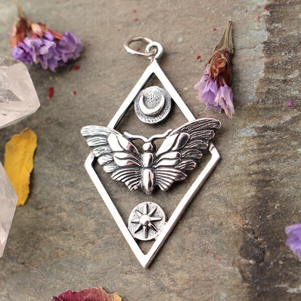 Sterling Silver Sun and Moon Moth Geometric Necklace