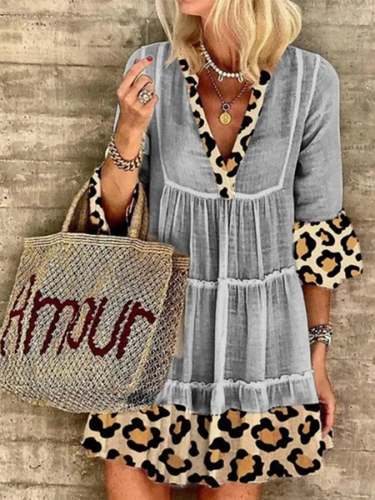 Ladies Cotton Linen Fashion Leopard Print Patchwork Dress