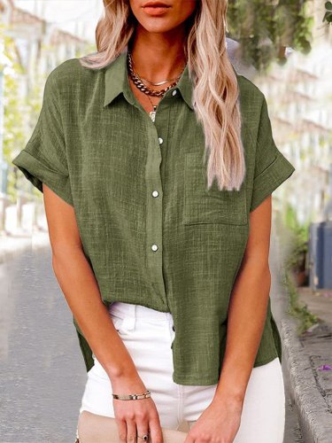 Women's Solid Color Pocket Short Sleeve Cotton Shirt