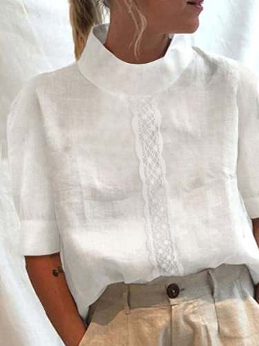 Women's Cotton Linen Lace Panel High Neck Mid Sleeve Shirt