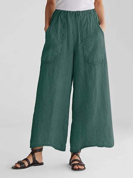 Women's Cotton Linen Wide Leg Mid Waist Casual Trousers With Insert Pockets