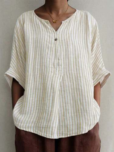 Ladies V-neck Cotton And Linen Fashion Short-sleeved Blouse