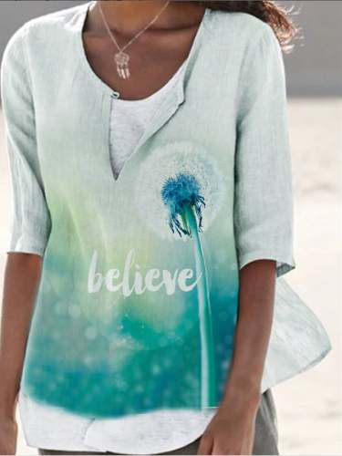 Women's Cotton Linen Believe Dandelion Printed Casual Tee Shirt
