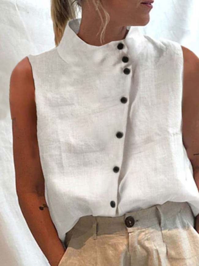 Women's Cotton Linen Turtleneck Sleeveless Shirt