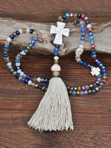 Women's Boho Cross Turquoise Tassel Necklace