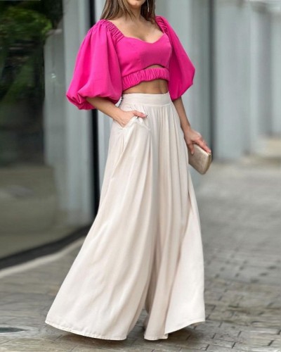 V-neck puff-sleeve top wide-leg pants two-piece set