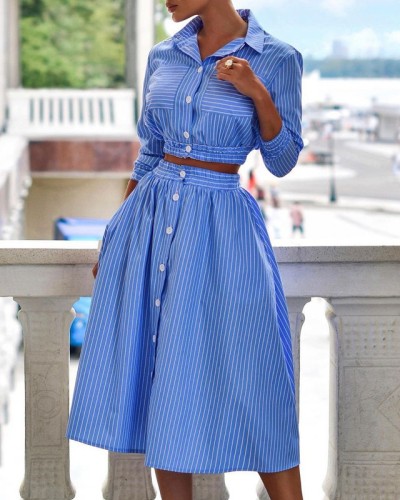Long Sleeve Striped Shirt Suit Skirt Two Piece