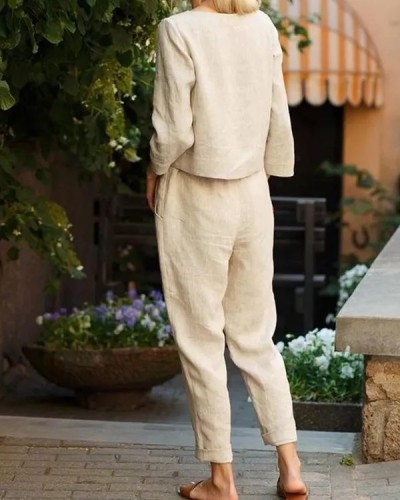Ladies Cotton Linen Suit Fashion Comfortable Solid Color Pants & Top