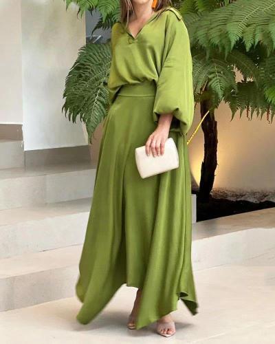 Loose Solid Color Long Sleeve Top High Waist Long Skirt Suit