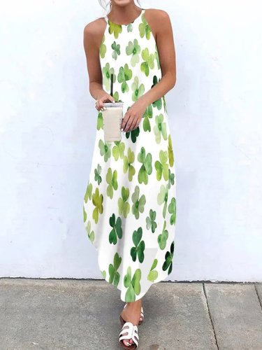 Green Halter Plant Print Sleeveless Dress
