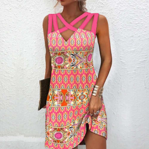 Hot Pink Caged Top Mixed Print Mini Dress