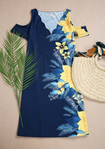 Yellow and Blue Hawaiian Flower Print Cold Shoulder Mini Dress