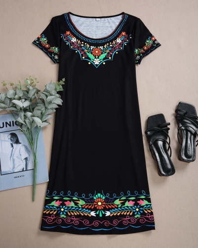 Colorful Floral Trim Black Mini Dress