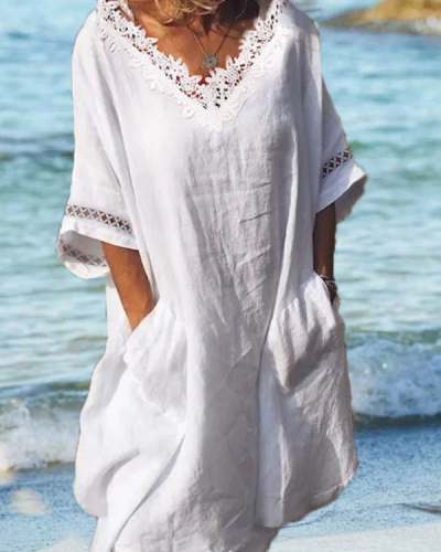 Women's Lace Hollow V Neck Beach Cotton Linen Dress