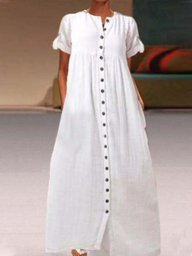 Women's Pleated Button Cotton Linen Dress