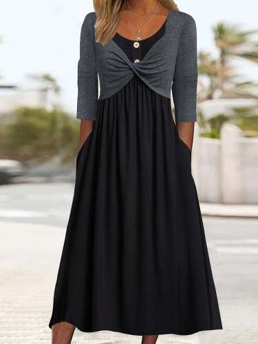 Women'S Two-Piece Knitted Color Contrast Long-Sleeved Midi Dress
