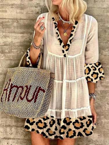 Stylish leopard print panel cotton linen dress