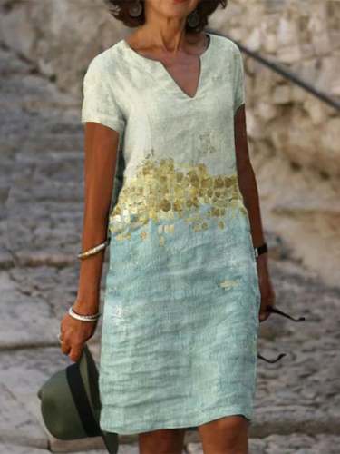 women's bronzing cotton linen v-neck dress