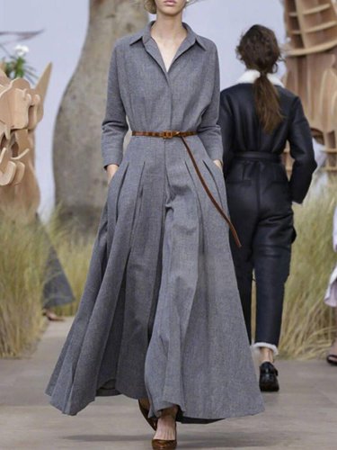 New Women's Cotton Linen Long Sleeve Long Shirt Dress