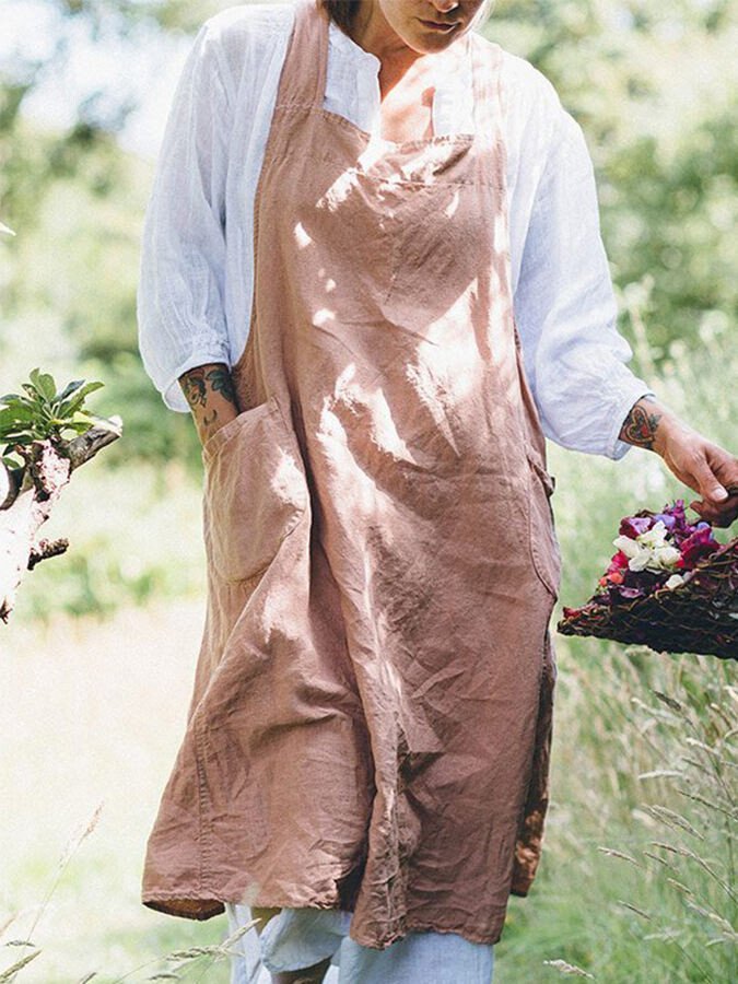 Women's Cotton Linen Double Pocket Apron Dress