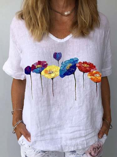 Women's Oil Painting Floral Print Cotton Linen Casual Shirt