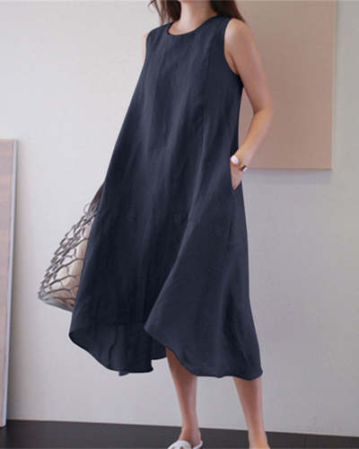 Round Neck Sleeveless Loose Solid Color Long Swing Linen Dress