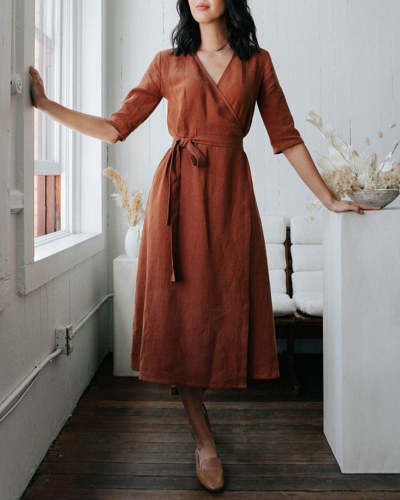 Copper Linen Wrap Dress with Pockets Long Sleeves A Line Fitted Waist Dress