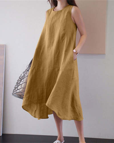 Round Neck Sleeveless Loose Solid Color Long Swing Linen Dress