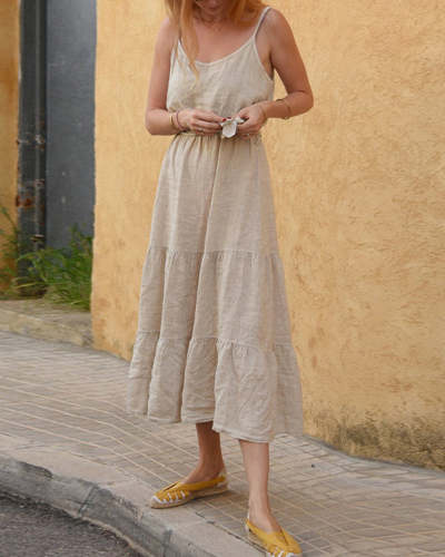 Linen Suspender Dress Casual Vacation Style Splicing Design Sleeveless Long Dress