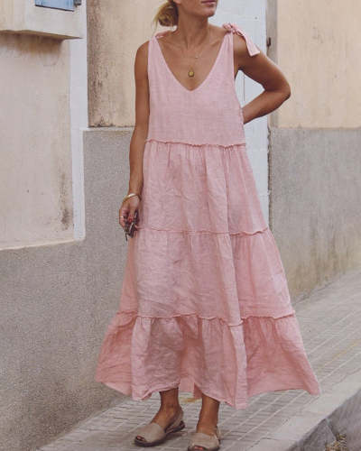 Shoulder Strappy Dress Linen Stitching Sweet Mid Length Dress