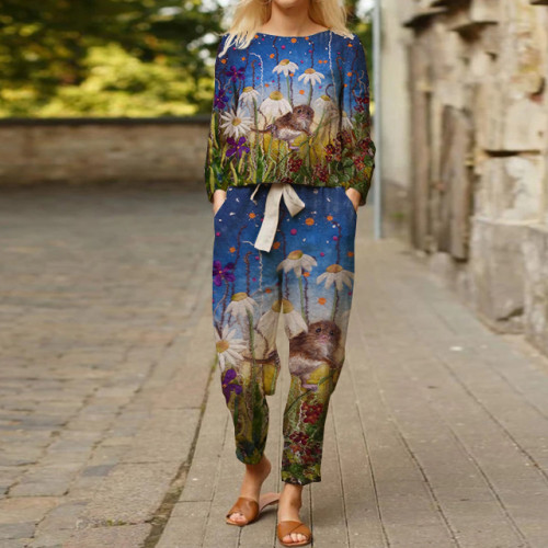 Women's Printed Top Tie Trousers Suit