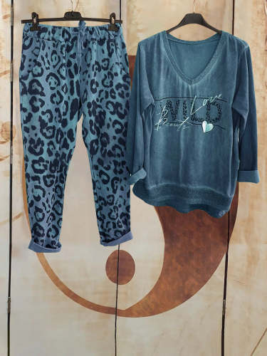 Letter Printed Top With Leopard Printed Pants Set