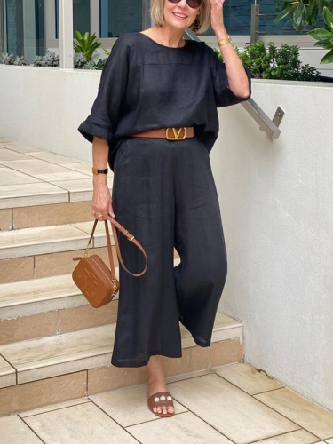 Casual And Comfortable Natural Black Linen Two-Piece Set